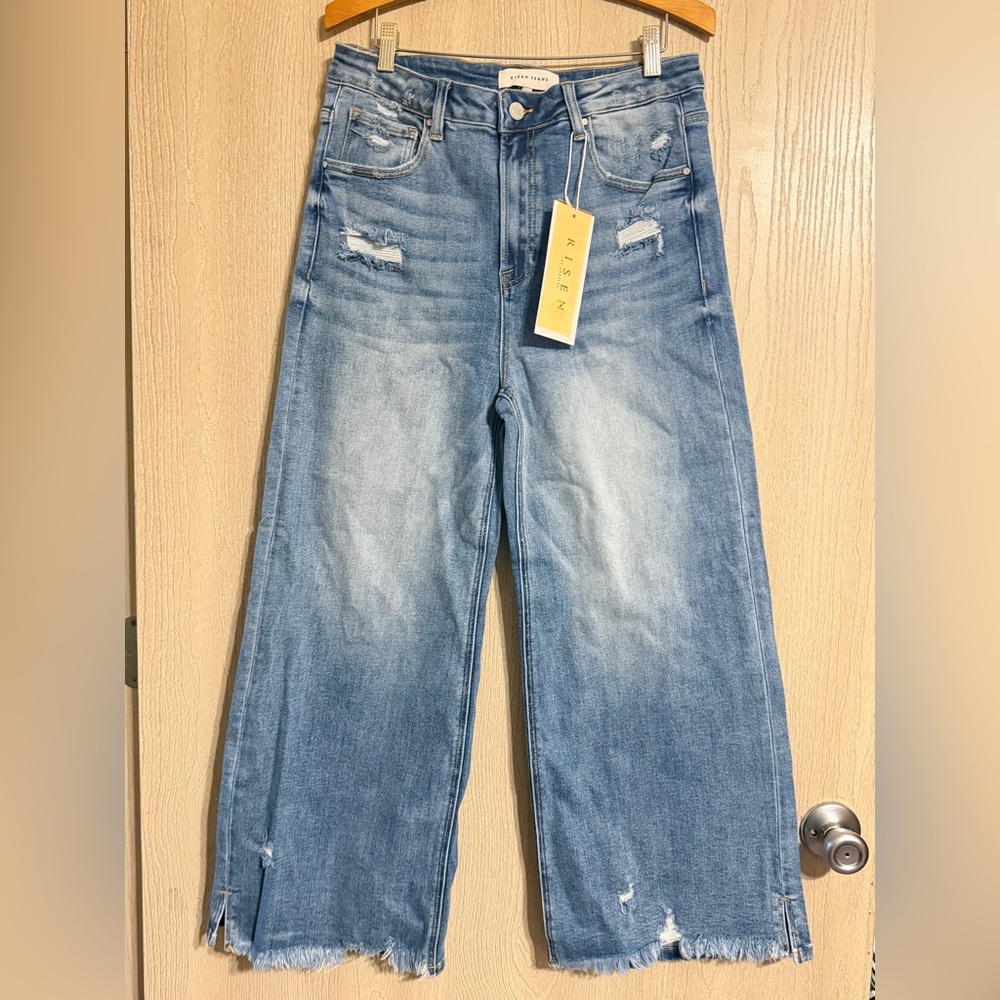 Risen Tessa Blue Distressed HIGH RISE CROP WIDE SIDE SLIT WITH FRAY HEM JEANS - Picture 2 of 10